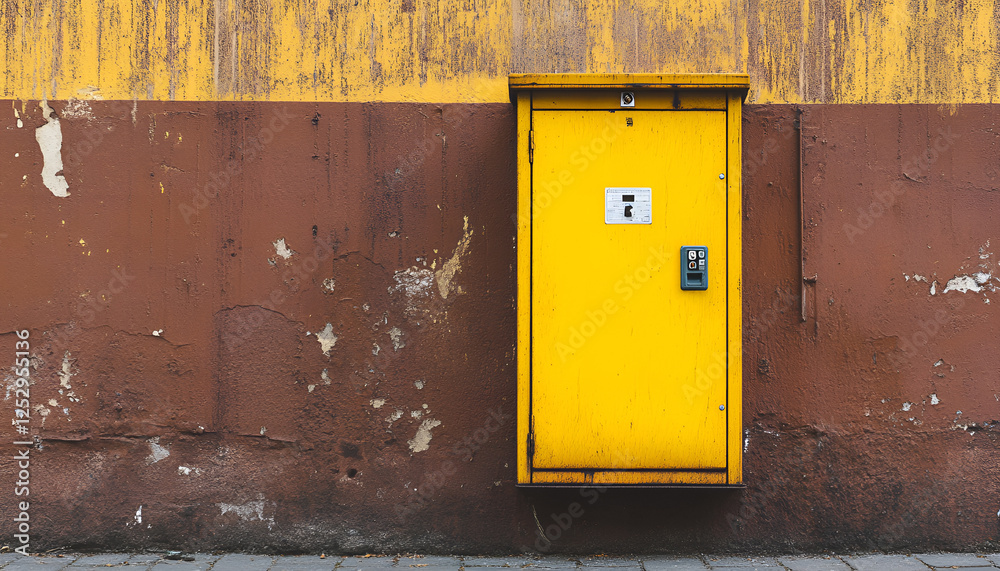 Yellow gas distribution cabinet near brown wall outdoors Yellow gas distribution cabinet near brown wall outdoors