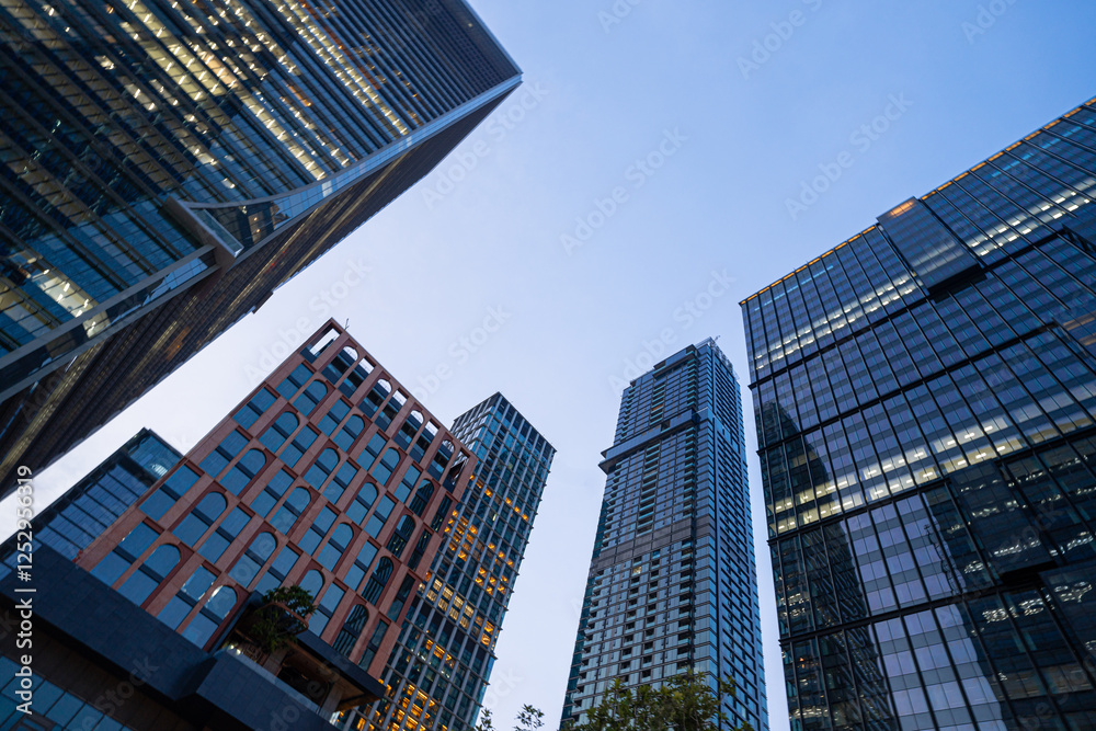Uprisen view modern office city building blue sky sunset night scenen business financial Uprisen view modern office city building blue sky sunset night scenen business financial