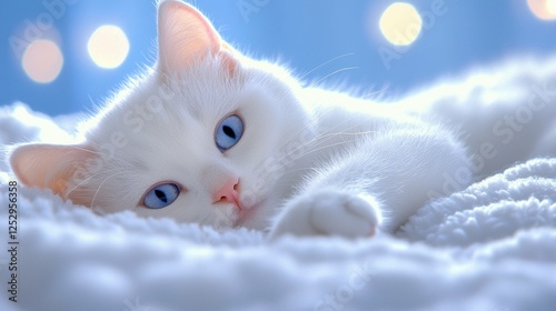 Calm white cat resting on soft blanket.