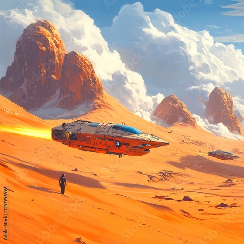 A desert with futuristic, flying vehicles soaring above glowing sand dunes photo