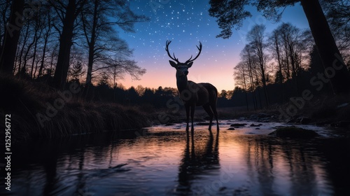 Majestic stag standing in a serene river at twilight, surrounded by trees and a starry sky.