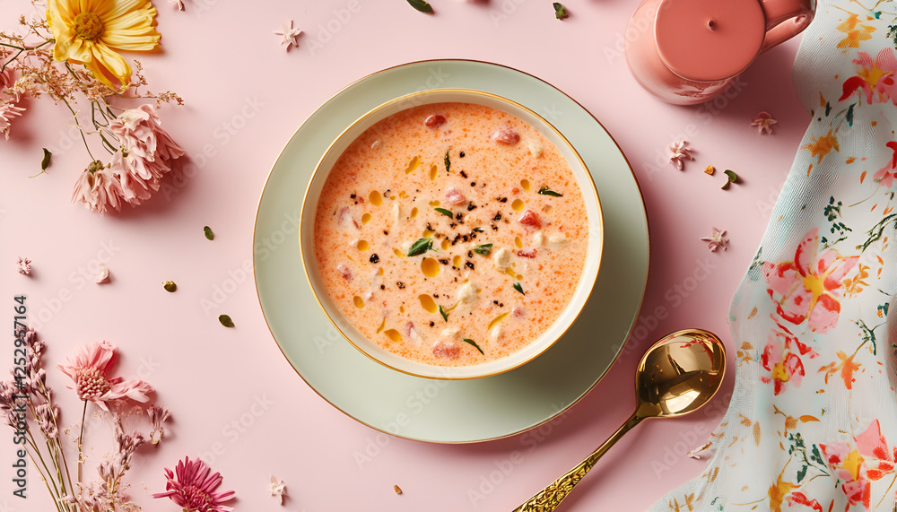 Flat lay composition with delicious tomato cream soup in bowl on table Flat lay composition with delicious tomato cream soup in bowl on table