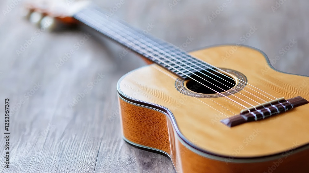 Obraz premium Classical guitar rests on wood; music, home
