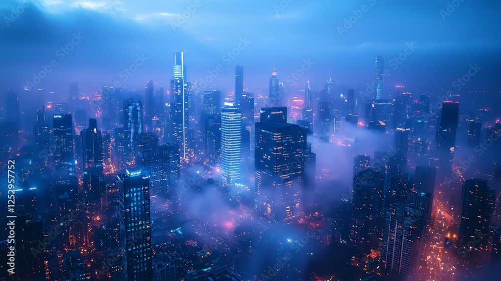 Fototapeta premium Captivating Aerial View of a City Skyline Bathed in Blue Twilight