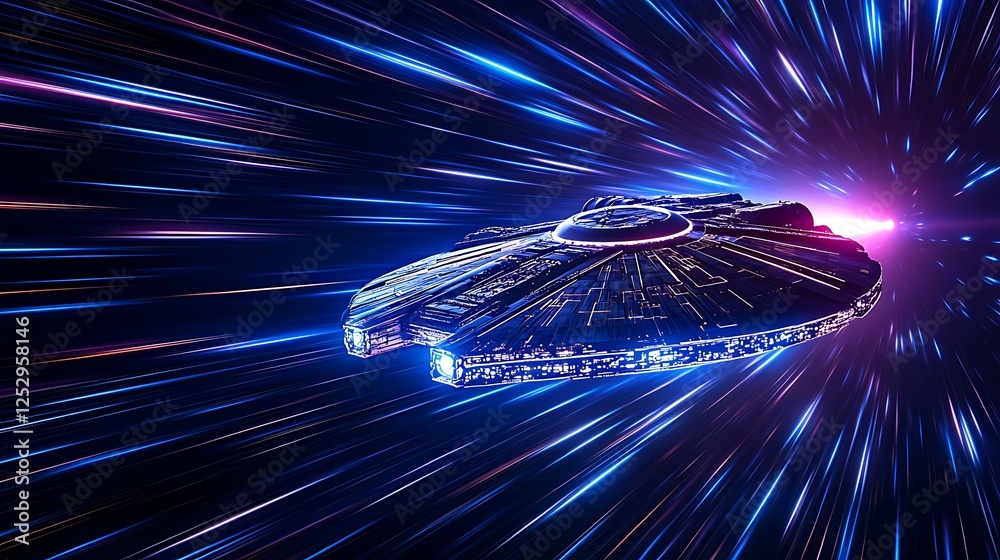 Spaceship travels through light speed tunnel creating vibrant streaks