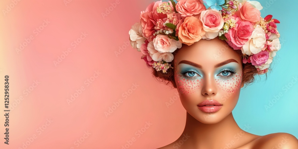 Vibrant floral portrait with creative makeup showcases beauty. Colorful fashion model in elegant floral crown. Feminine allure with artistic makeup highlights delicate and sophisticated aesthetic. Vibrant floral portrait with creative makeup showcases beauty. Colorful fashion model in elegant floral crown. Feminine allure with artistic makeup highlights delicate and sophisticated aesthetic.