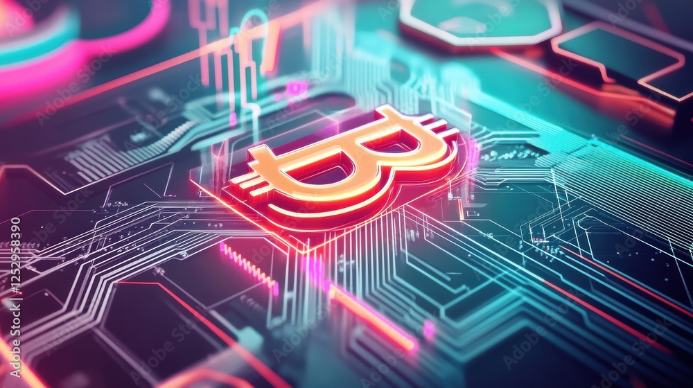 Obraz premium A high-tech cryptocurrency logo with a glowing Bitcoin symbol, futuristic typography, and a digital circuit background.
