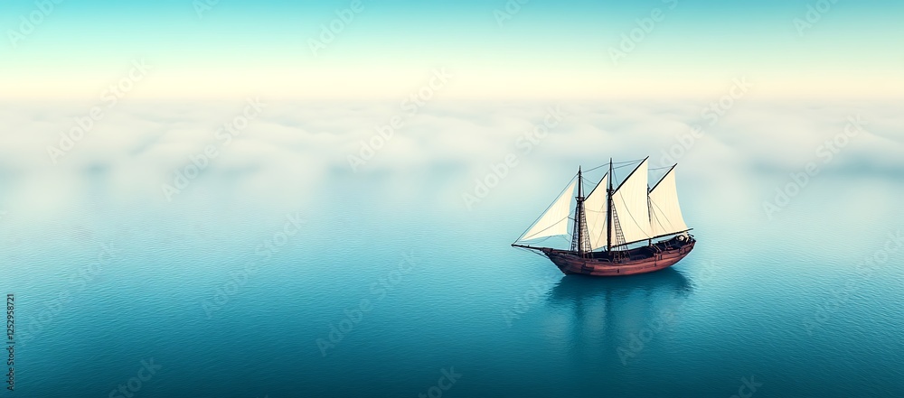 Sailing ship traverses a calm sea beneath a foggy horizon Sailing ship traverses a calm sea beneath a foggy horizon