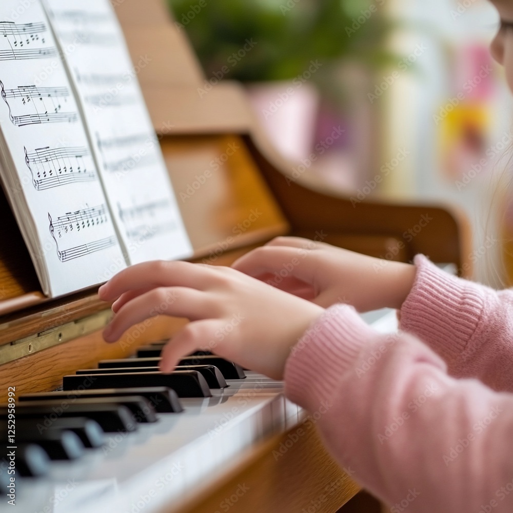 Fototapeta premium Child playing piano indoors, music sheets