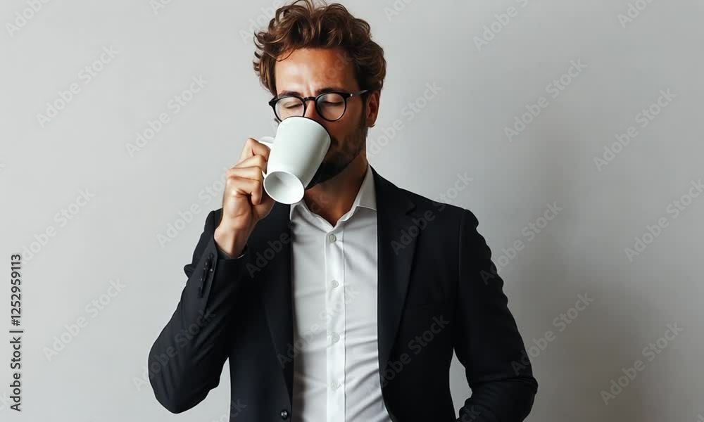 A Man In Business Attire Holding Coffee Cup Against Neutral Background A Man In Business Attire Holding Coffee Cup Against Neutral Background
