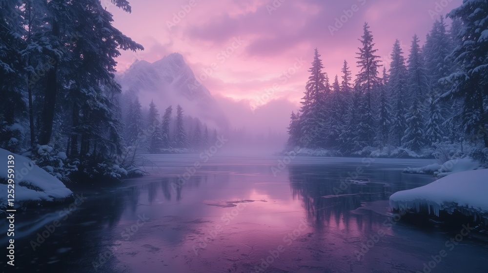 Fototapeta premium Serene Winter Landscape at Sunset with Snow and Pink Skies