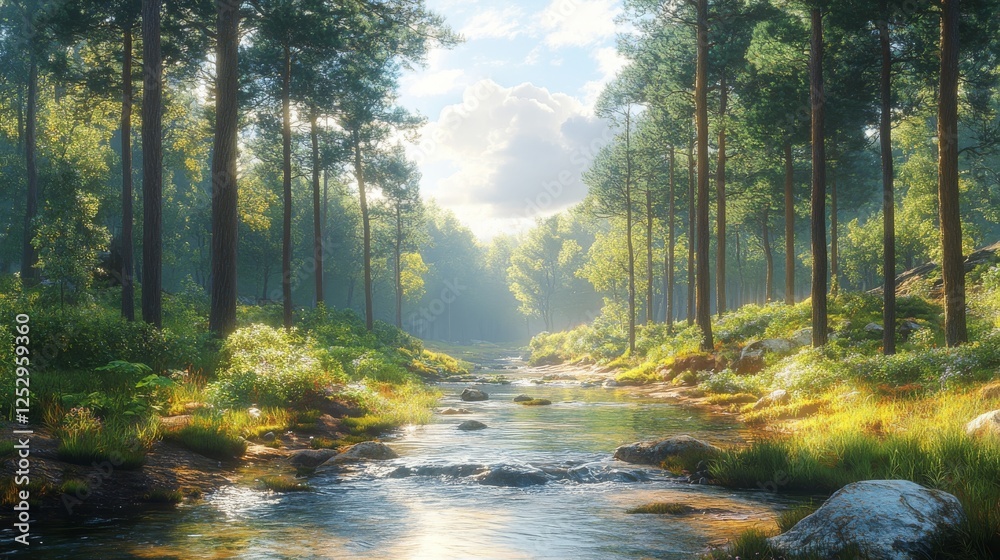 Fototapeta premium Serene river landscape amidst towering trees and sun-drenched greenery on a bright day