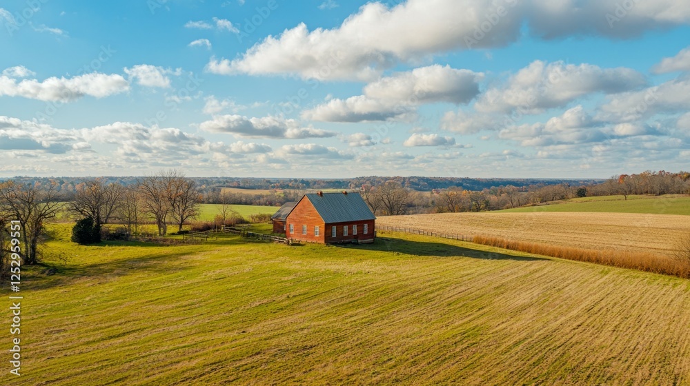 Serene Rural Landscape with Red Barn and Expansive Green Fields Serene Rural Landscape with Red Barn and Expansive Green Fields