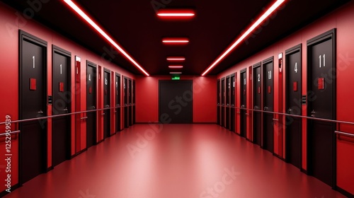 Red Corridor With Black Doors And Neon Lighting