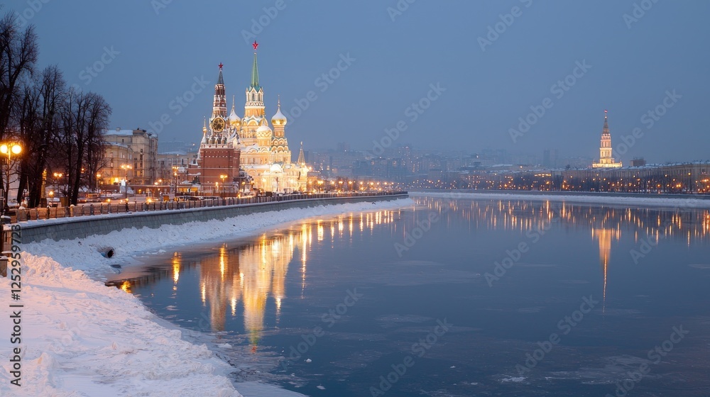 Obraz premium Church, River, Cityscape, Winter, Dusk, Reflection, Moscow