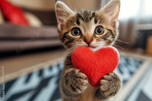 Cute manx feline infant with furry friend toy red heart at cozy residence. Marketing companion visual idea art. Manx - my preferred cat, symbol of care. Valentine's day pet joy. Purrfect love. photo