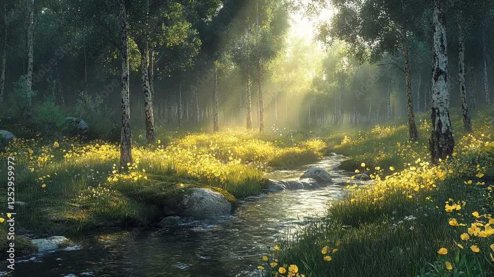 Fototapeta premium Sunlit Serenity, A Forest Stream with Buttercups in Early Morning Glow