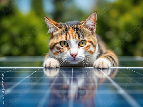 Cat that chilling on solar panel in the worm summer day.