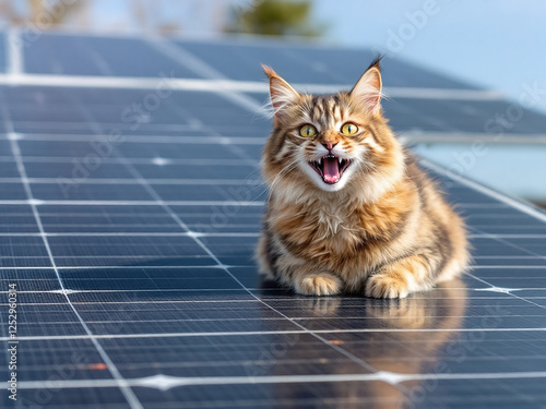 Cat that chilling on solar panel in the worm summer day.