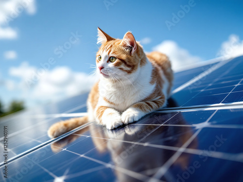 Cat that chilling on solar panel in the worm summer day.