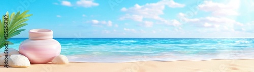 Serene beach scene with pastel jar and ocean