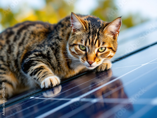 Cat that chilling on solar panel in the worm summer day.