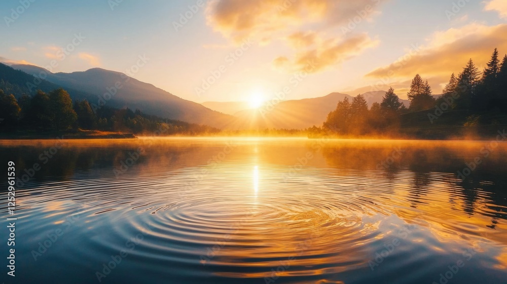 Fototapeta premium Serene Sunrise Over Tranquil Lake Surrounded by Mountain Landscape