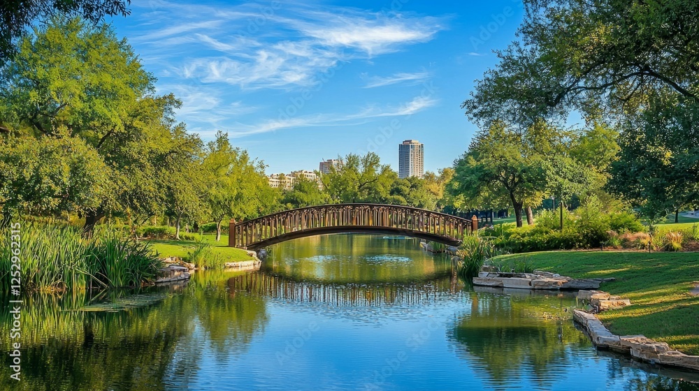 Fototapeta premium Serene Urban Park with Bridge Reflected in Calm Waterway Landscape