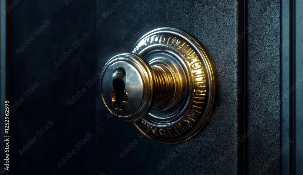 Close-up of a detailed security lock mechanism in a dark room Close-up of a detailed security lock mechanism in a dark room