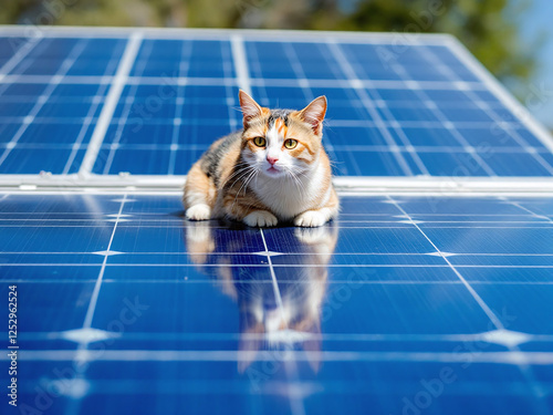 Cat that chilling on solar panel in the worm summer day.