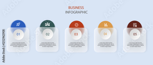 Multicolored design template for vector infographic labels with icons and 5 options or steps. Suitable for process diagrams, presentations, workflow layouts, banners, flowcharts and infographics.