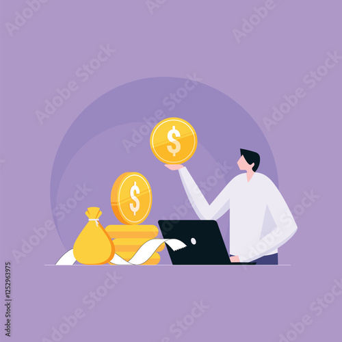 Businessman strategizes tax deduction planning by calculating business balances for tax reduction. Managing VAT, income tax, and property tax for individuals and corporations.