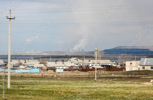 panorama of the city of Magnitogorsk in Russia. A small town with a green roof on a house photo