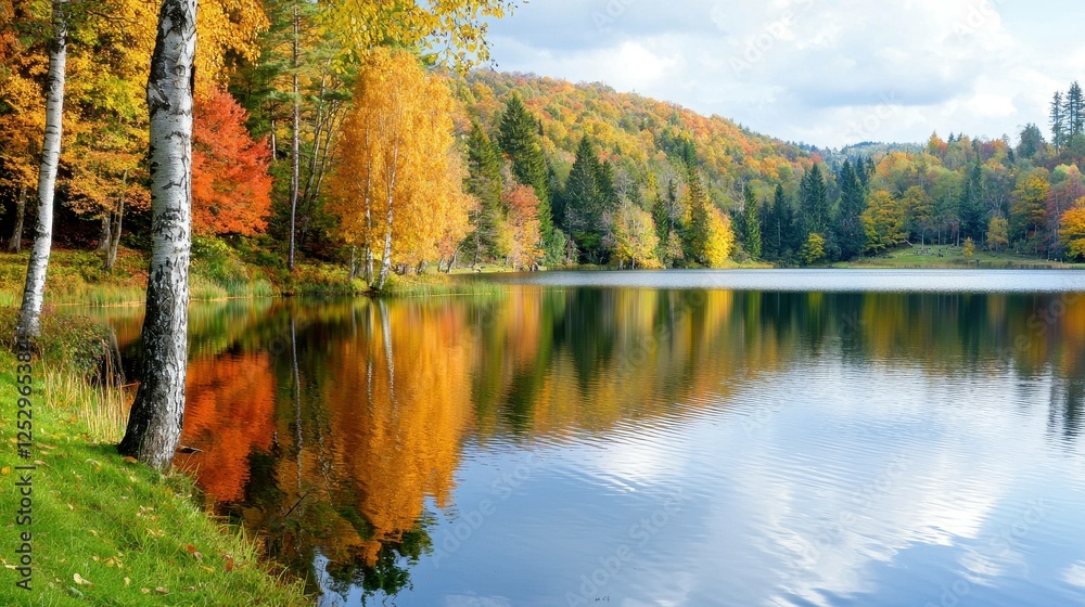Vibrant autumn scenery with peaceful lake. Vibrant autumn scenery with peaceful lake.