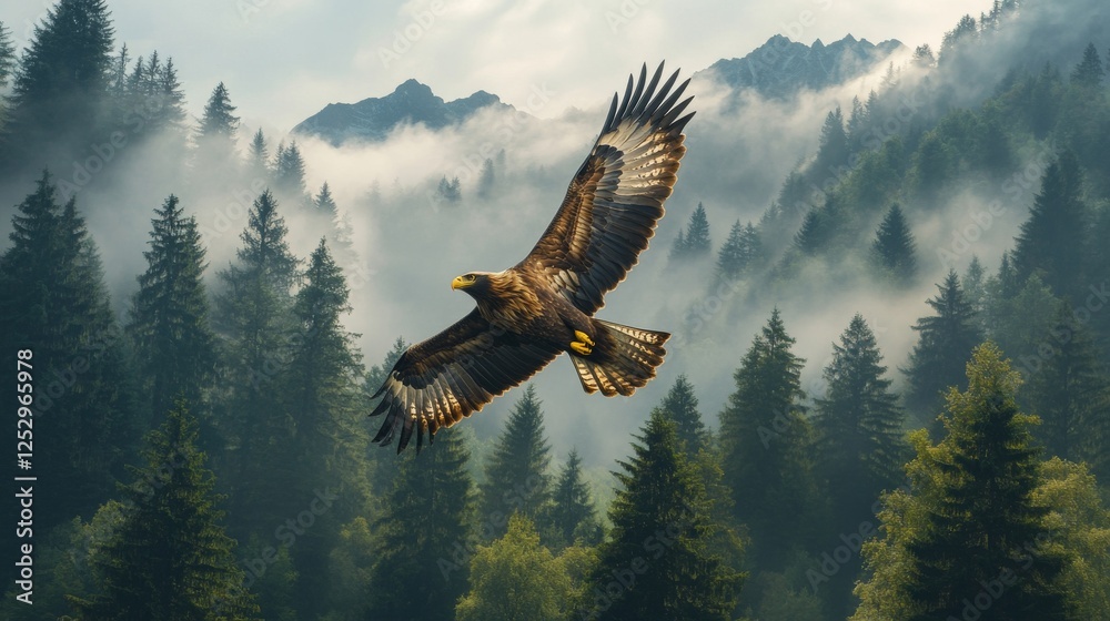 Fototapeta premium Majestic Golden Eagle soaring over a misty coniferous forest landscape with snow-capped mountain peaks