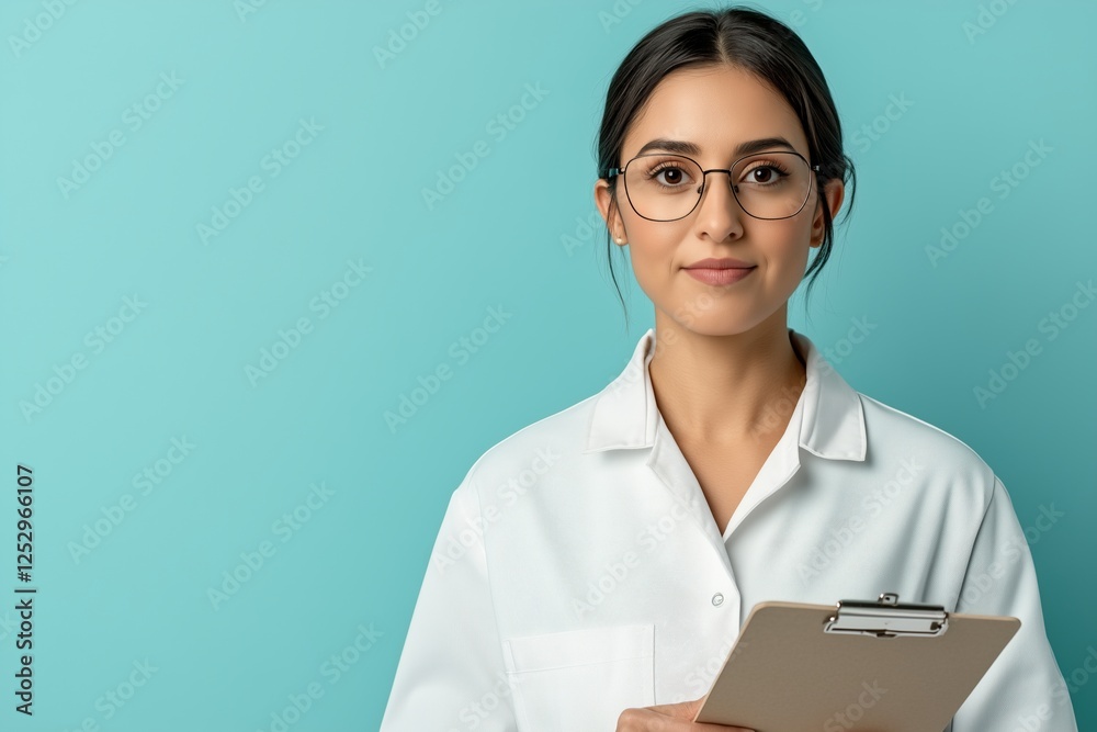 Portrait of a young female doctor in glasses holding a clipboard on a blue background. healthcare and confidence. copy space Portrait of a young female doctor in glasses holding a clipboard on a blue background. healthcare and confidence. copy space