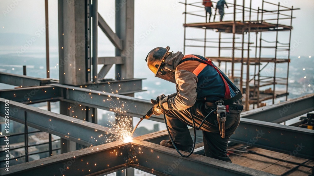 Fototapeta premium Welding metal beams by construction worker on highrise building industrial environment action scene for seo impact