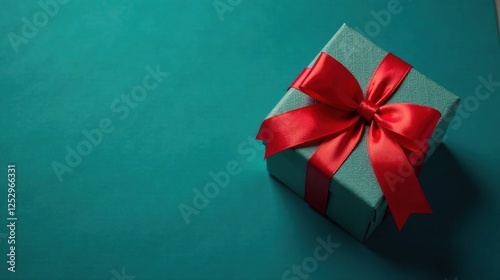 A Teal Gift Box with a Vibrant Red Bow on a Matching Background