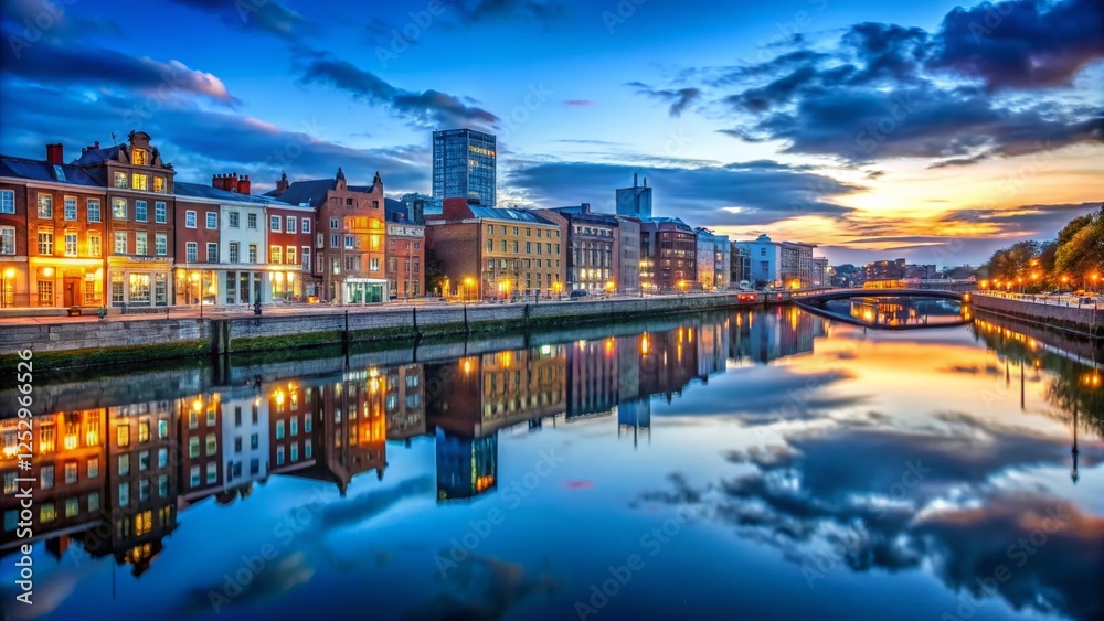 Fototapeta premium Dublin Skyline, Blue Buildings, River Reflection - Documentary Photography