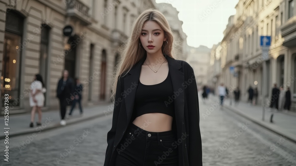 Stylish young woman walking confidently down a city street in evening light wearing a chic outfit and long hair Stylish young woman walking confidently down a city street in evening light wearing a chic outfit and long hair