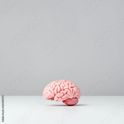 Realistic photography of a pink brain on a white surface emphasizing gut-brain connection concept