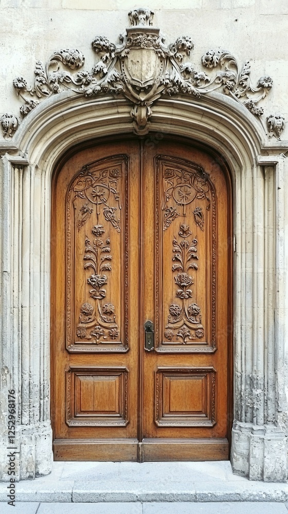 Ornate Wooden Door with Intricate Carvings and Elegant Archway Design Ornate Wooden Door with Intricate Carvings and Elegant Archway Design