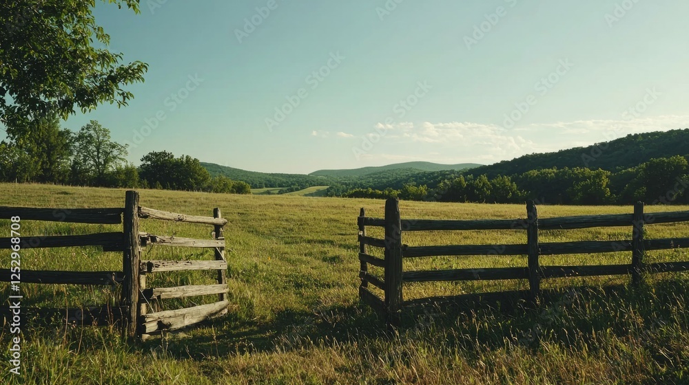 Serene Landscape with Wooden Fence and Rolling Hills Under Clear Sky Serene Landscape with Wooden Fence and Rolling Hills Under Clear Sky