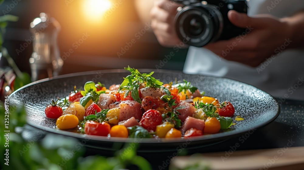 Fresh and Colorful Salad with Cherry Tomatoes and Herbs in Focus Fresh and Colorful Salad with Cherry Tomatoes and Herbs in Focus