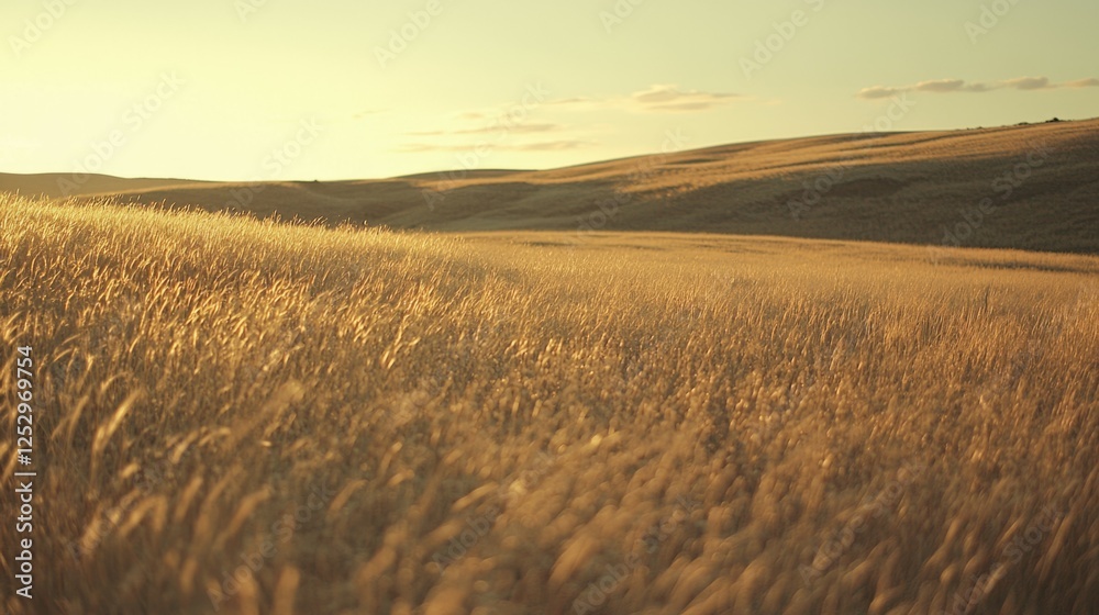 Obraz premium Golden Wheat Field Under Soft Sunlight on a Tranquil Horizon