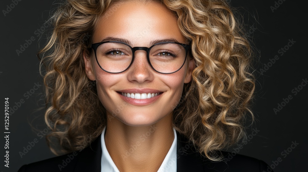 Obraz premium Woman with curly hair is smiling and wearing glasses. She is wearing a black jacket and a white shirt