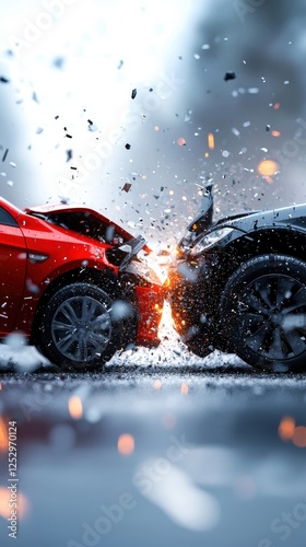 Two cars involved in a head-on collision on a road captured in realistic photography