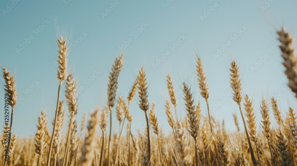 Golden Wheat Field Under Clear Blue Sky in Warm Light Golden Wheat Field Under Clear Blue Sky in Warm Light