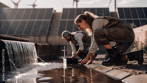 Environmental engineers conducting water quality tests in a sustainable ecosystem an insightful study on water purity and environmental impact photo