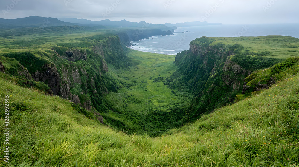 Fototapeta premium Lush green valley between cliffs, ocean view, cloudy day, nature landscape